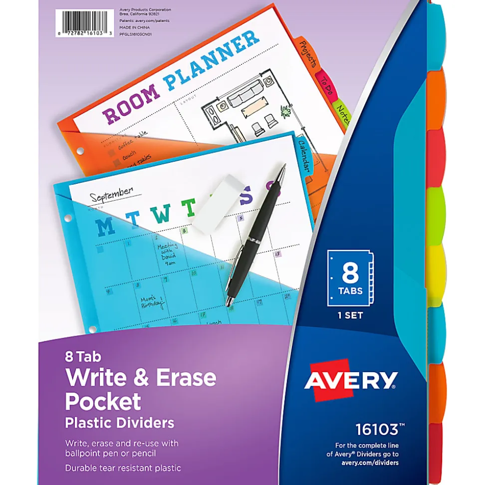 Avery® Write & Erase Durable Plastic Dividers With Pockets, 8-1/2" x 11", Multicolor Brights, Pack Of 8 Dividers