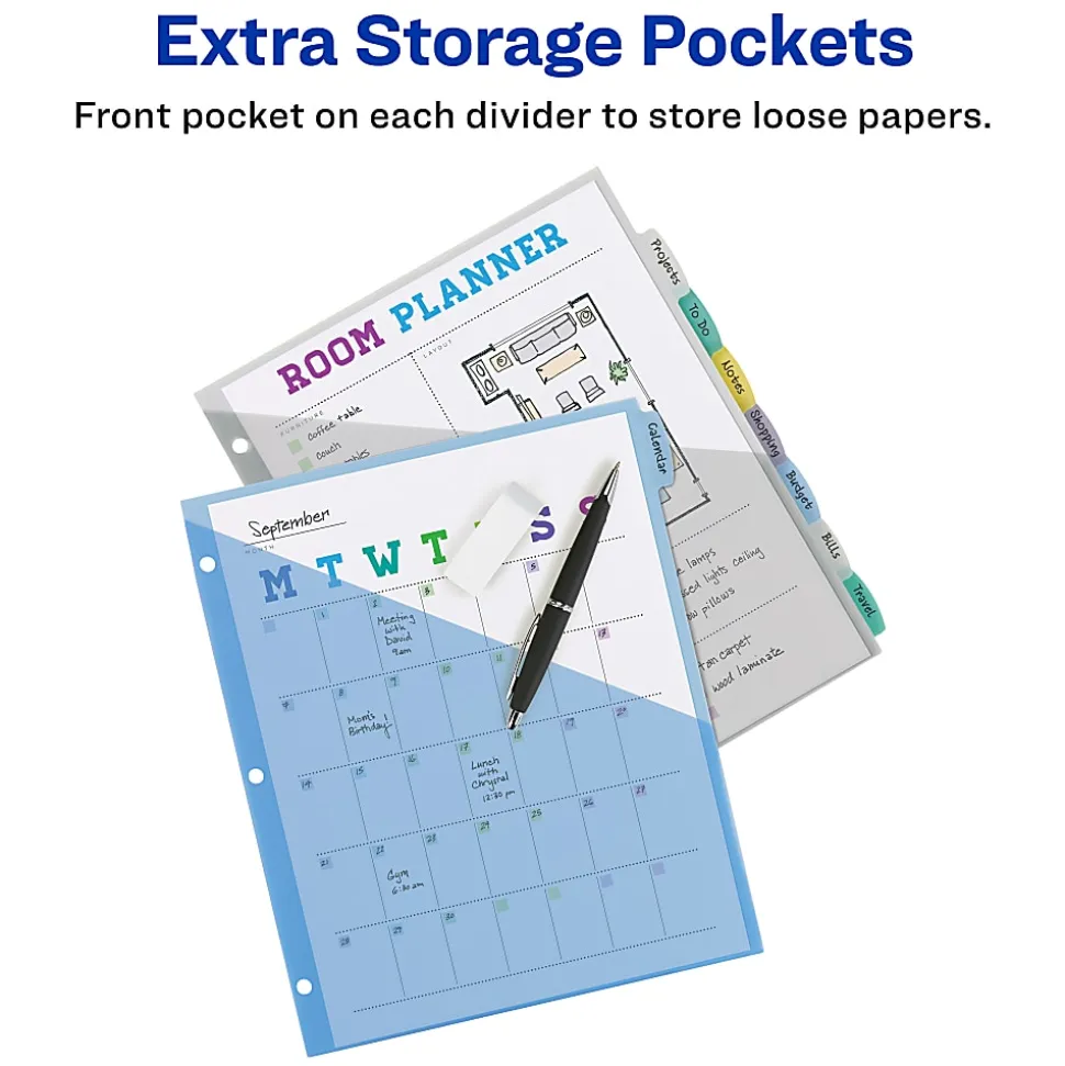 Avery® Write & Erase Pocket Plastic Dividers For 3 Ring Binders, 9-1/4" x 11-1/4", 8-Tab Set, Multicolor, 1 Set