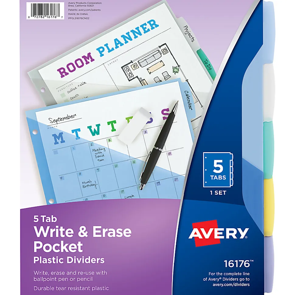 Avery® Write & Erase Pocket Plastic Dividers For 3 Ring Binders, 9-1/4" x 11-1/4", 5-Tab Set, Multicolor, 1 Set