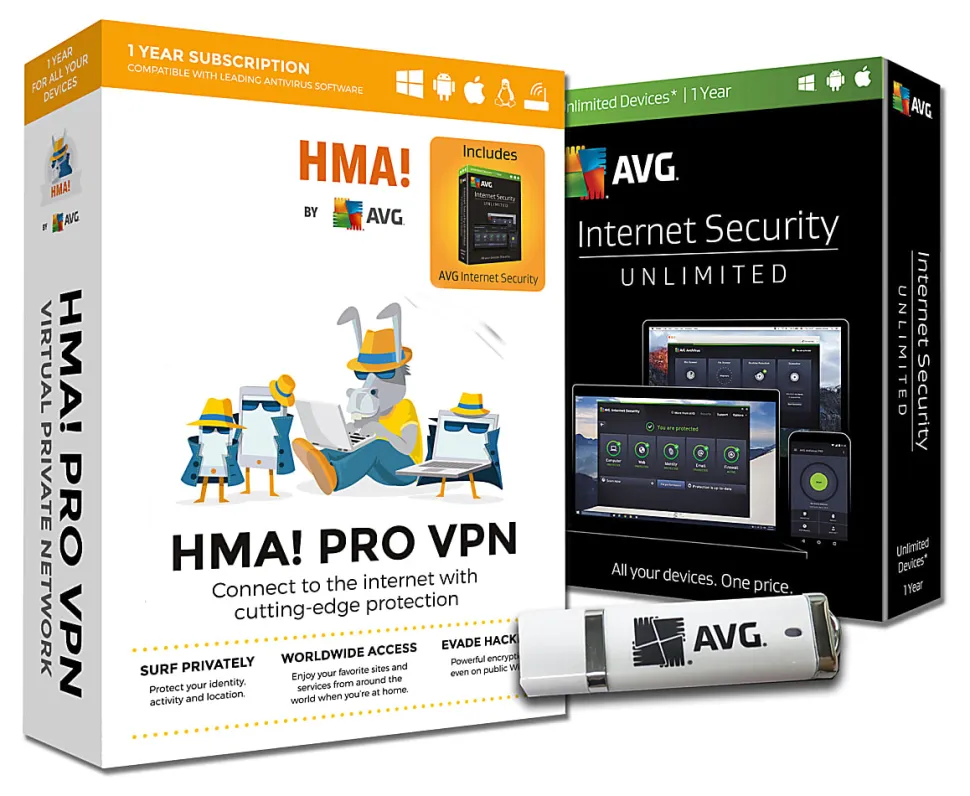 AVG HMA VPN + Internet Security, For Unlimited Devices, 1-Year Subscription, USB Bundle