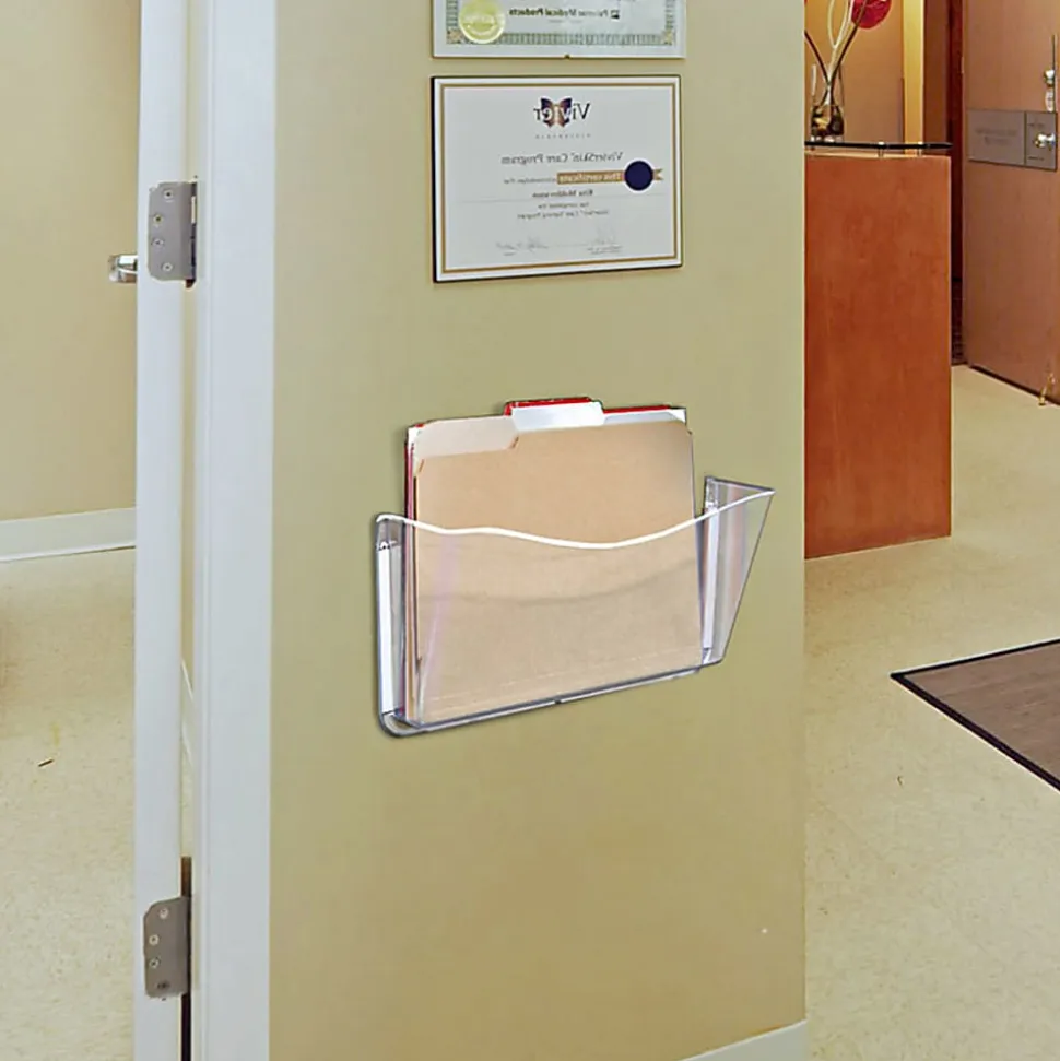 Azar Displays Single-Pocket Wall Files, Adhesive Tape Mount, 7"H x 14-3/4"W x 3"D, Clear, Pack Of 4 Files
