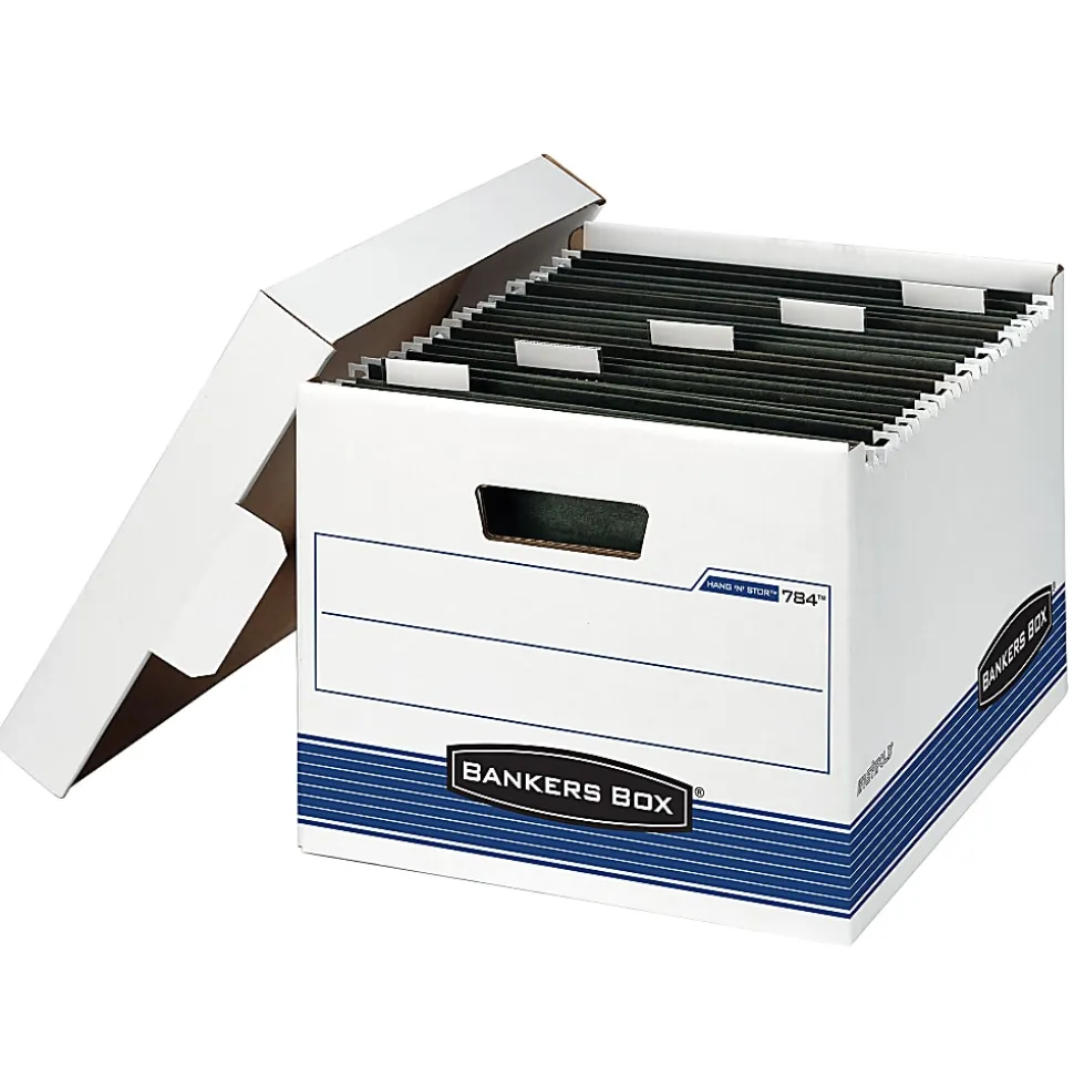 Bankers Box® Hang'N'Stor™ Medium-Duty Storage Boxes, Letter Size, 15" x 12 1/4" x 9 3/4", White/Blue, Case Of 4 - 784