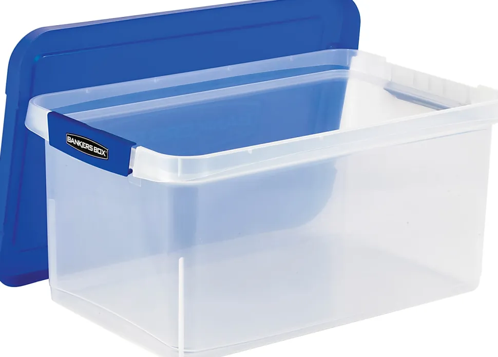 Bankers Box® Heavy-Duty Plastic Storage Bin, Extra Deep 20" Letter-size, 10-3/8" x 14-1/4", TAA Compliant, Clear/Blue, Pack of 1