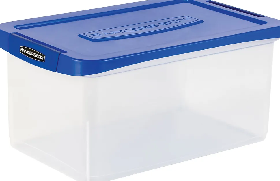 Bankers Box® Heavy-Duty Plastic Storage Bin, Extra Deep 20" Letter-size, 10-3/8" x 14-1/4", TAA Compliant, Clear/Blue, Pack of 1