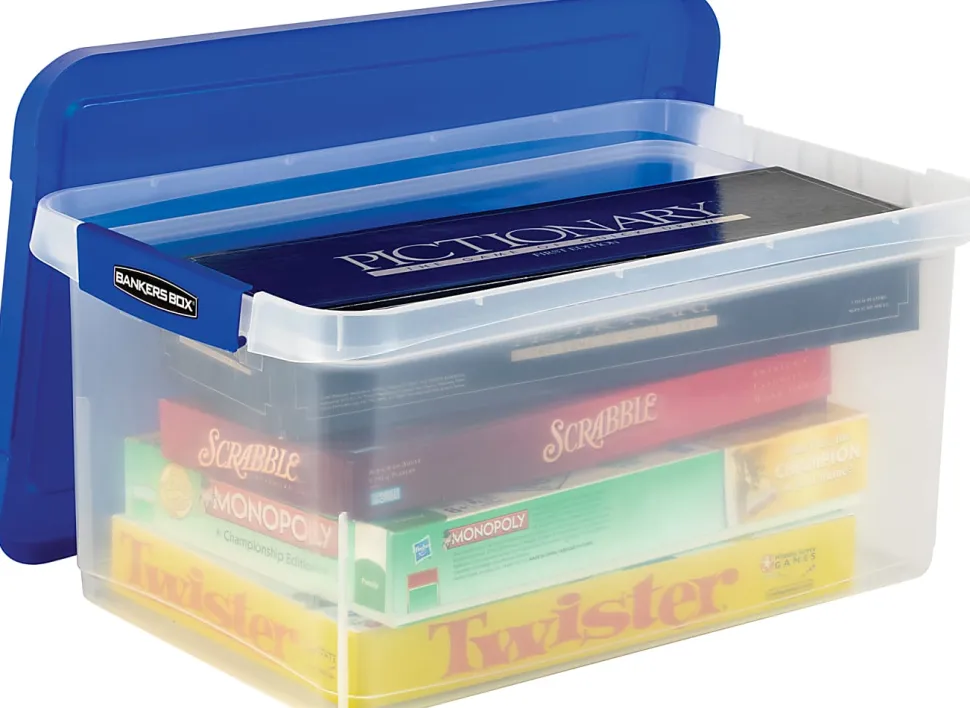 Bankers Box® Heavy-Duty Plastic Storage Bin, Extra Deep 20" Letter-size, 10-3/8" x 14-1/4", TAA Compliant, Clear/Blue, Pack of 1