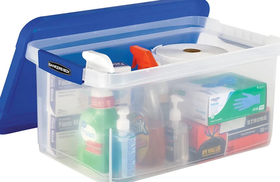 Bankers Box® Heavy-Duty Plastic Storage Bin, Extra Deep 20" Letter-size, 10-3/8" x 14-1/4", TAA Compliant, Clear/Blue, Pack of 1