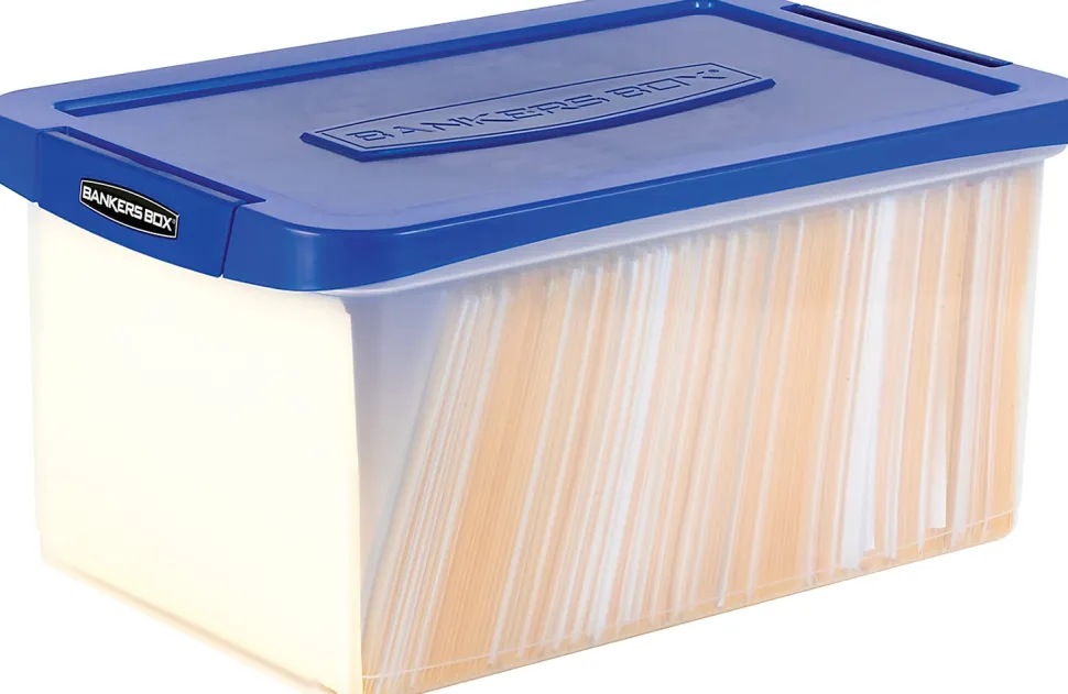 Bankers Box® Heavy-Duty Plastic Storage Bin, Extra Deep 20" Letter-size, 10-3/8" x 14-1/4", TAA Compliant, Clear/Blue, Pack of 1