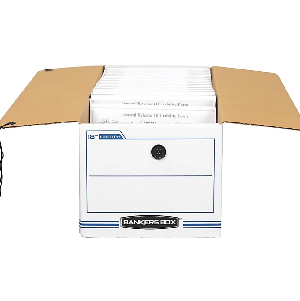 Bankers Box® Liberty® Corrugated Storage Boxes, 7 1/2" x 9" x 24 1/4", White/Blue, Case Of 12