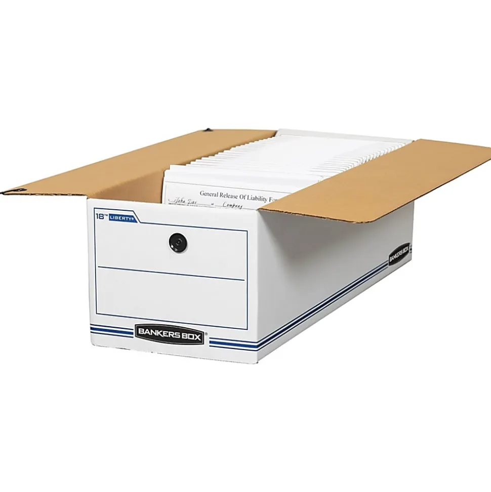 Bankers Box® Liberty® Corrugated Storage Boxes, 7 1/2" x 9" x 24 1/4", White/Blue, Case Of 12