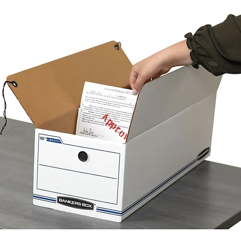 Bankers Box® Liberty® Corrugated Storage Boxes, 7 1/2" x 9" x 24 1/4", White/Blue, Case Of 12
