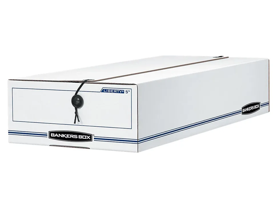 Bankers Box® Liberty® Corrugated Storage Boxes, 4 1/4" x 9 1/4" x 23 3/4", White/Blue, Case Of 12