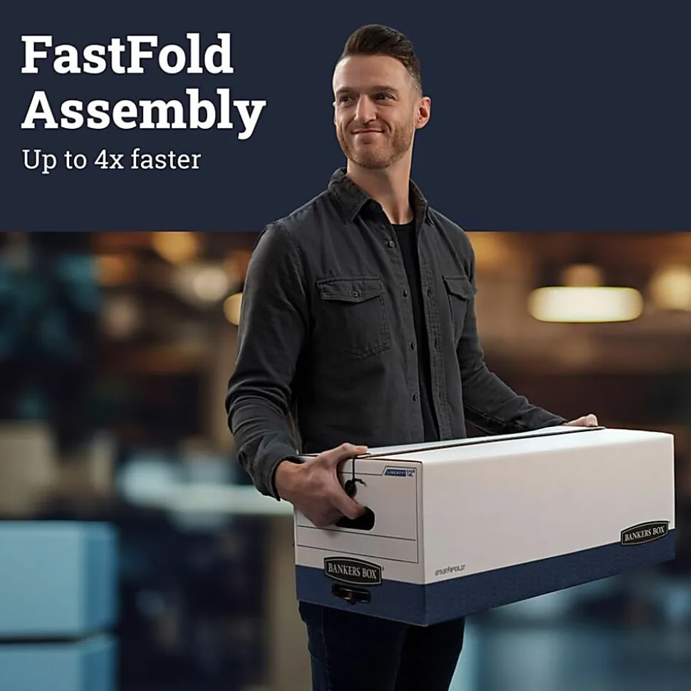 Bankers Box® Liberty® FastFold® Heavy-Duty Storage Boxes, Legal Size, 24" x 15" x 10", White/Blue, Case Of 4 - 001203