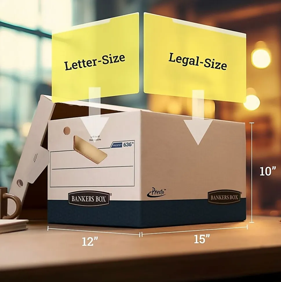 Bankers Box® Presto™ Heavy-Duty Storage Boxes, Letter/Legal Size, 15" x 12" x 10", White/Blue, Case Of 4 - 63602