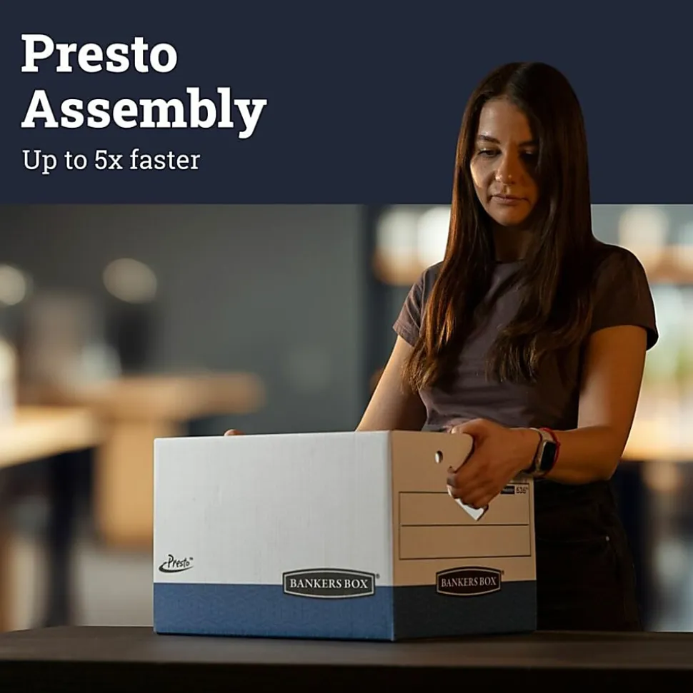 Bankers Box® Presto™ Heavy-Duty Storage Boxes, Letter/Legal Size, 15" x 12" x 10", White/Blue, Case Of 4 - 63602