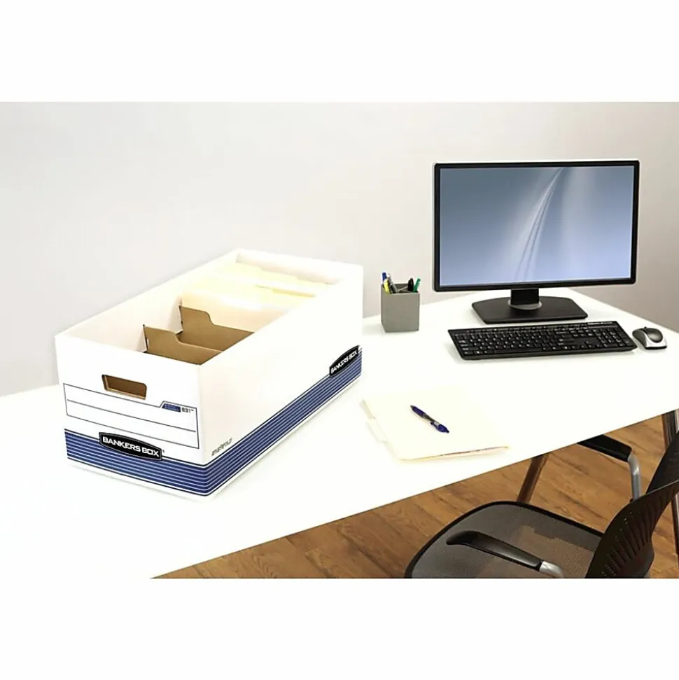 Bankers Box R Kive® DividerBox™ Heavy-Duty FastFold® File Storage Boxes, Letter/Legal Size, 10"H x 12“W x 15"D, White/Blue, Case Of 12 - 83601