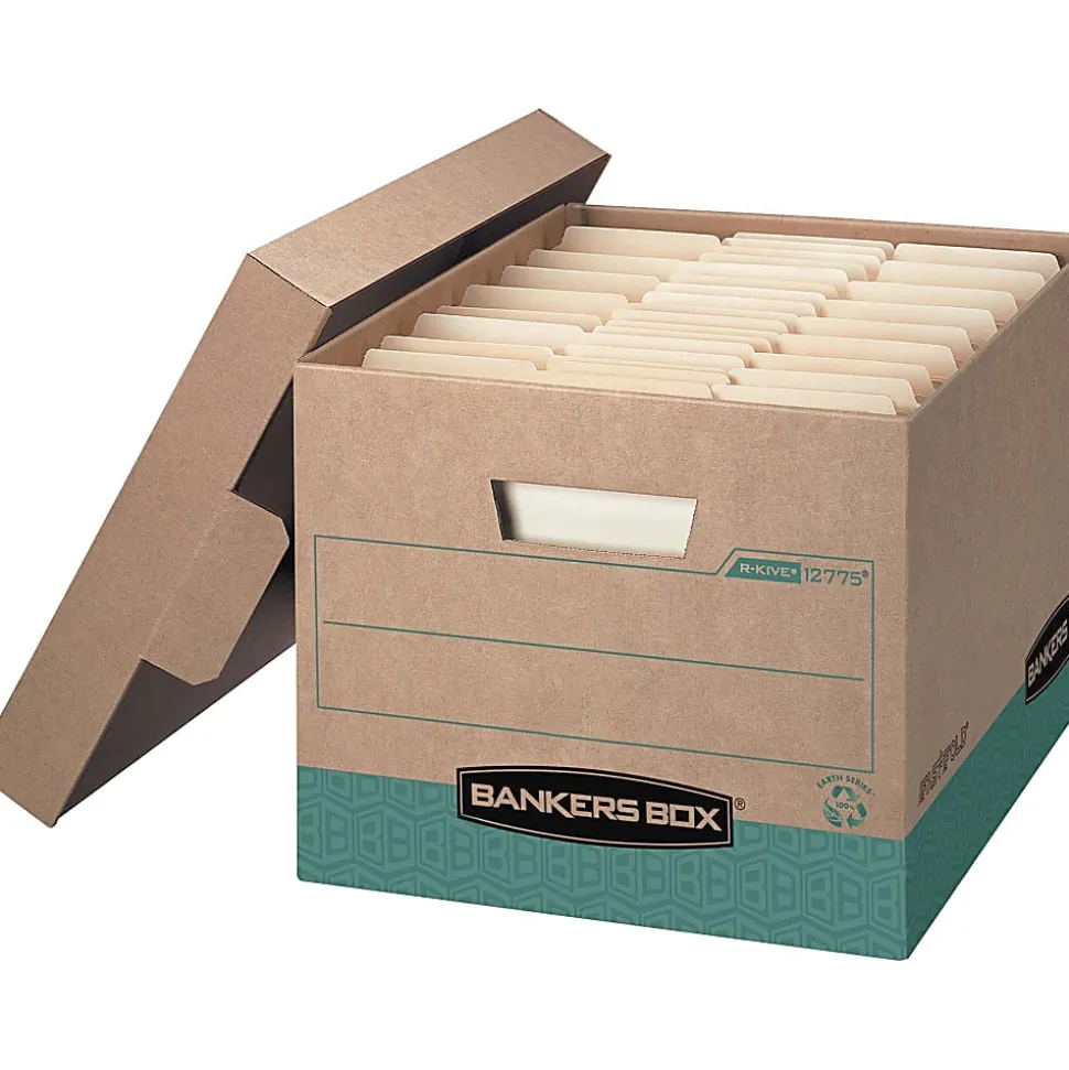 Bankers Box® R Kive® FastFold® BAA Compliant Heavy-Duty Storage Boxes, Letter/Legal Size, 15“D x 12" x 10", Kraft/Green, Case Of 12 - 12775