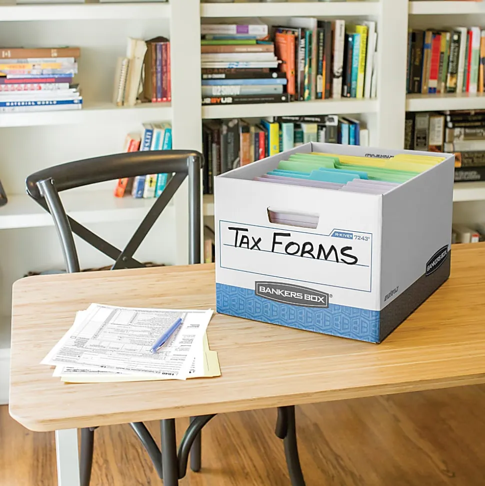 Bankers Box® R Kive® FastFold® Heavy-Duty Storage Boxes, Letter/Legal Size, 15“D x 12" x 10", White/Blue, Case Of 4 -724303