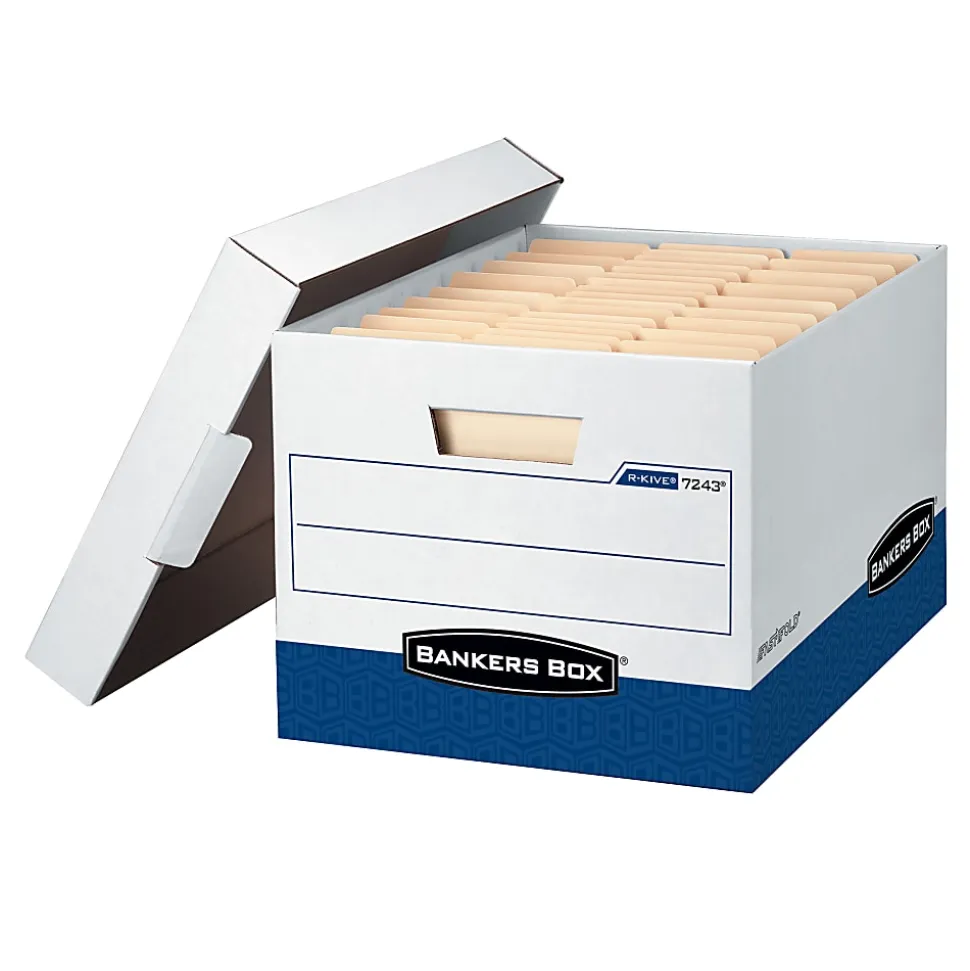 Bankers Box® R Kive® FastFold® Heavy-Duty Storage Boxes, Letter/Legal Size, 15“D x 12" x 10", White/Blue, Case Of 4 -724303