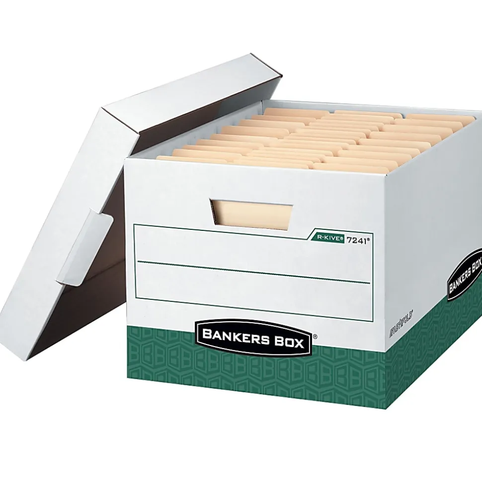 Bankers Box® R Kive® Heavy-Duty Storage Boxes, Letter/Legal Size, 15" x 12" x 10", White/Green, Case Of 12 - 07241