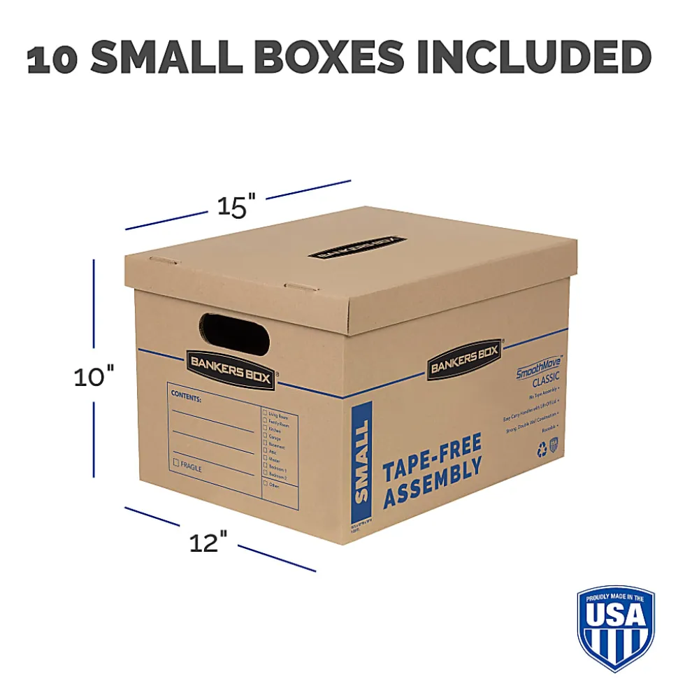 Bankers Box® SmoothMove™ Classic Moving & Storage Boxes, Small, 10" x 12" x 15", Kraft/Blue, Carton Of 10