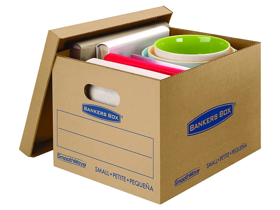 Bankers Box® SmoothMove™ Classic Moving & Storage Boxes, Small, 10" x 12" x 15", 50% Recycled, Kraft/Blue, Pack Of 15