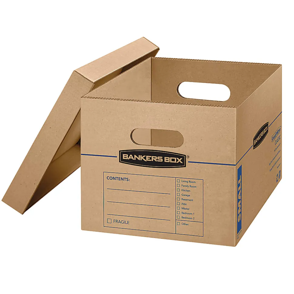 Bankers Box® SmoothMove™ Classic Moving & Storage Boxes, Small, 10" x 12" x 15", 50% Recycled, Kraft/Blue, Pack Of 15