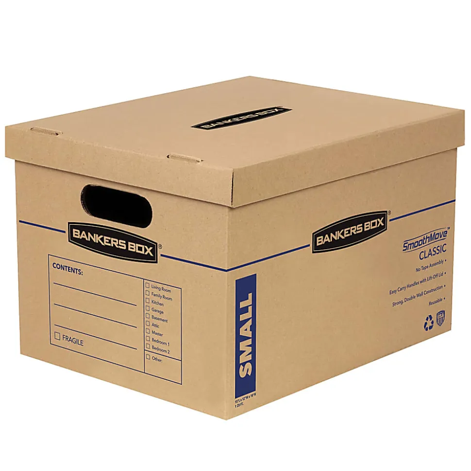 Bankers Box® SmoothMove™ Classic Moving & Storage Boxes, Small, 10" x 12" x 15", 50% Recycled, Kraft/Blue, Pack Of 15