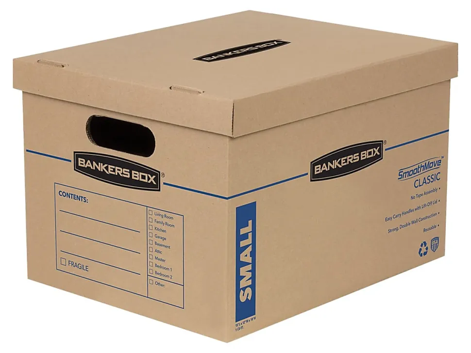 Bankers Box® SmoothMove™ Classic Moving & Storage Boxes With Lift-Off Lids, Small, 10" x 12" x 15", Kraft/Blue, Pack Of 10