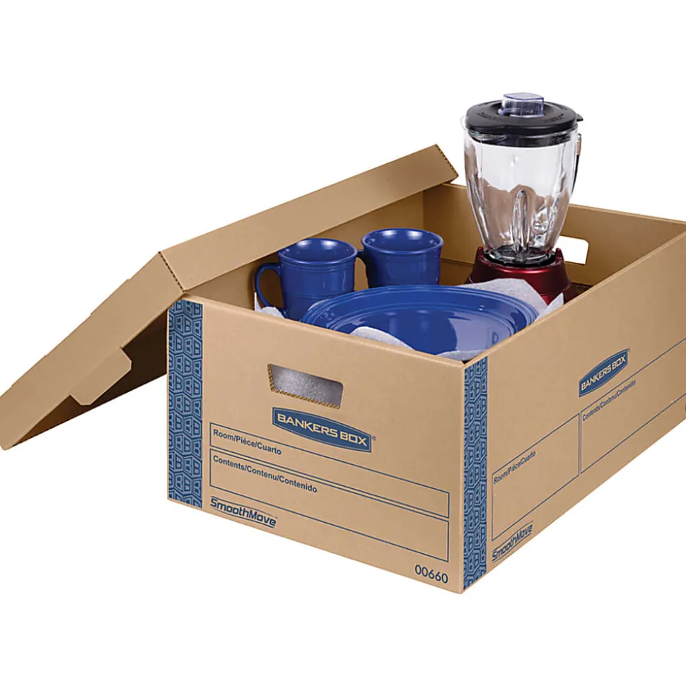 Bankers Box® SmoothMove™ Prime Lift-Off Lid Moving Boxes, Large, 24" x 15" x 10", Kraft/Blue, Pack Of 8