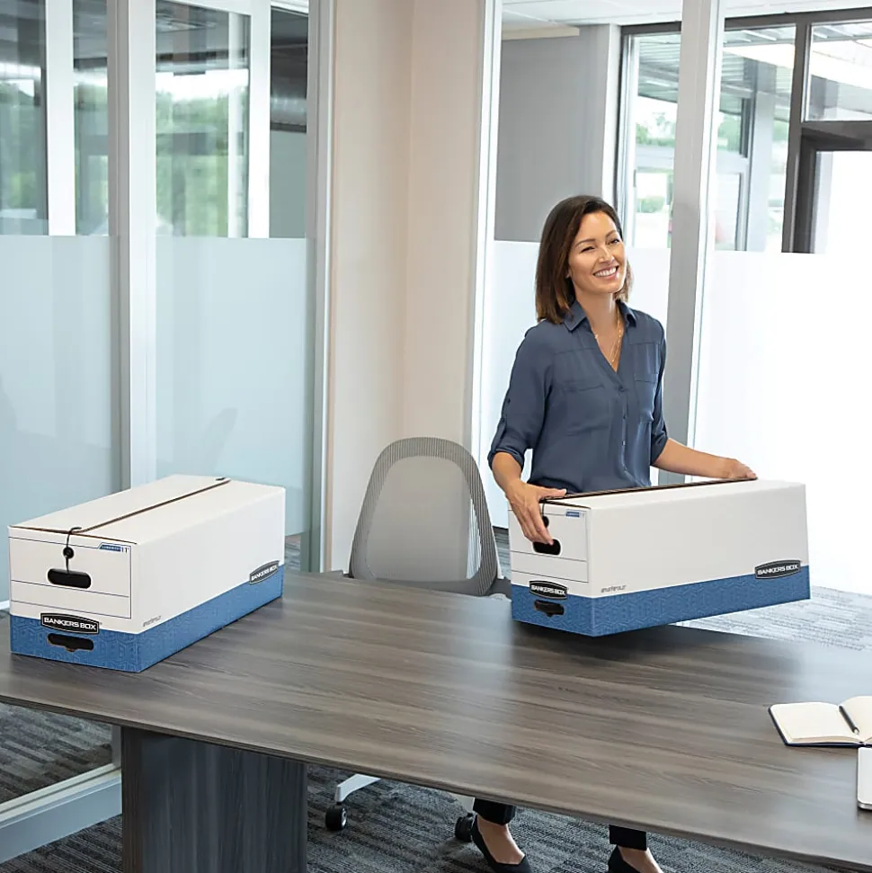 Bankers Box® Stor/File™ FastFold® Medium-Duty Storage Boxes, Legal Size, 24“D x 15" x 10", White/Blue, Case Of 4 - 70506