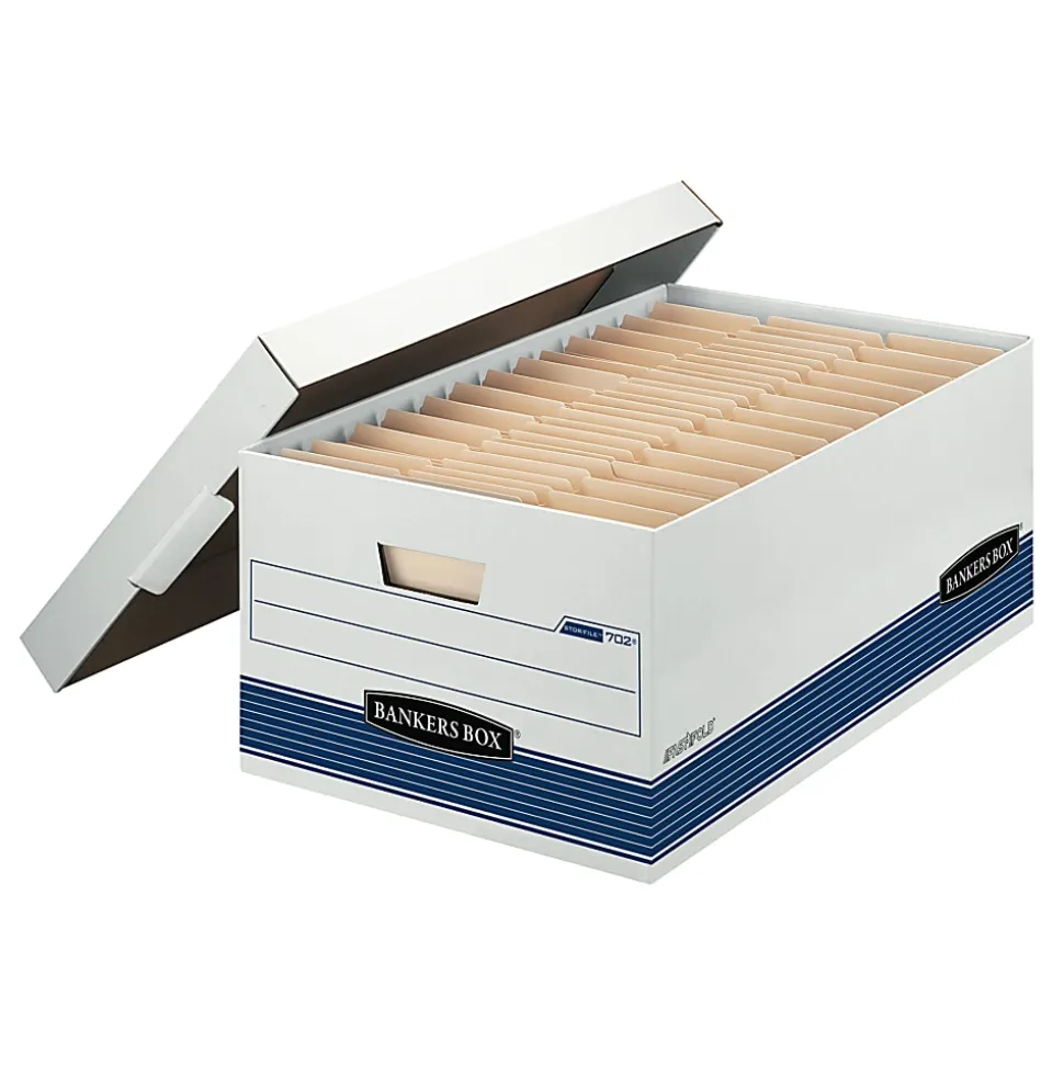 Bankers Box® Stor/File™ FastFold® Medium-Duty Storage Boxes, Legal Size, 24“D x 15" x 10", White/Blue, Case Of 4 - 70240FF