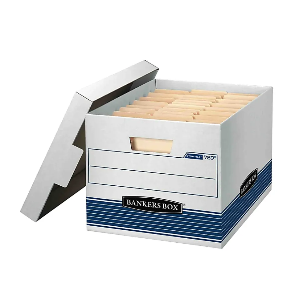 Bankers Box® Stor/File™ Medium-Duty Storage Boxes, Letter/Legal Size, 15" x 12" x 10", White/Blue, Case Of 12 - 00789