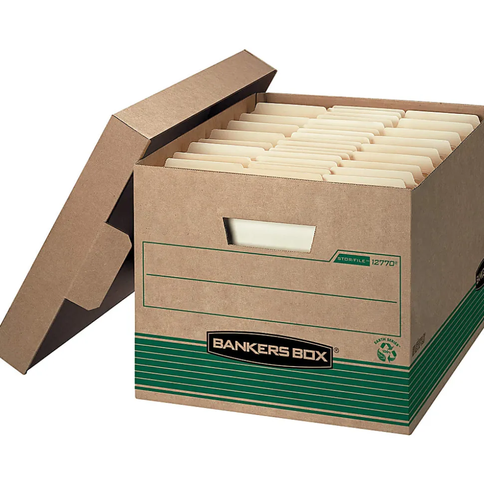 Bankers Box® Stor/File™ Medium-Duty Storage Boxes With Lift-Off Lids, Letter/Legal Size, 10" x 12" x 15", 94% Recycled, Kraft/Green, Case Of 20
