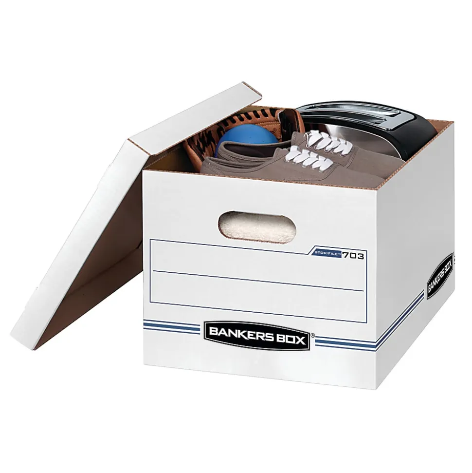 Bankers Box® Stor/File™ Standard-Duty Storage Boxes With Lift-Off Lids And Built-In Handles, Letter/Legal Size, 10"x12"x15", White/Blue, Case Of 13