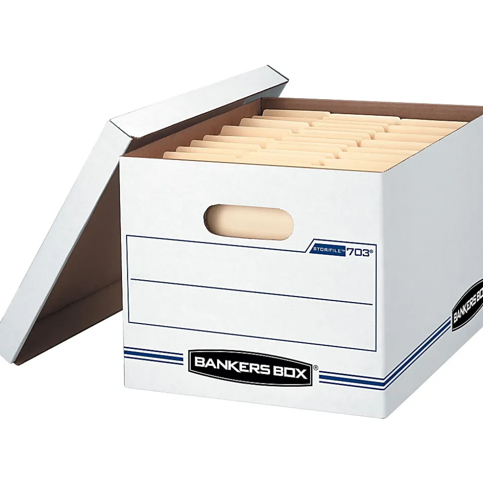 Bankers Box® Stor/File™ Standard-Duty Storage Boxes With Lift-Off Lids And Built-In Handles, Letter/Legal Size, 10"x12"x15", White/Blue, Case Of 13