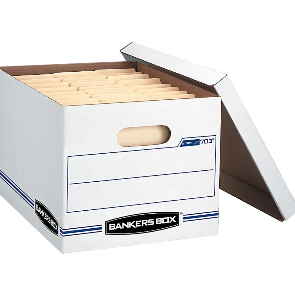 Bankers Box® Stor/File™ Standard-Duty Storage Box With Lift-Off Lids And Built-In Handles, Letter/Legal Size, 15"x12"x10", 60% Recycled, White/Blue