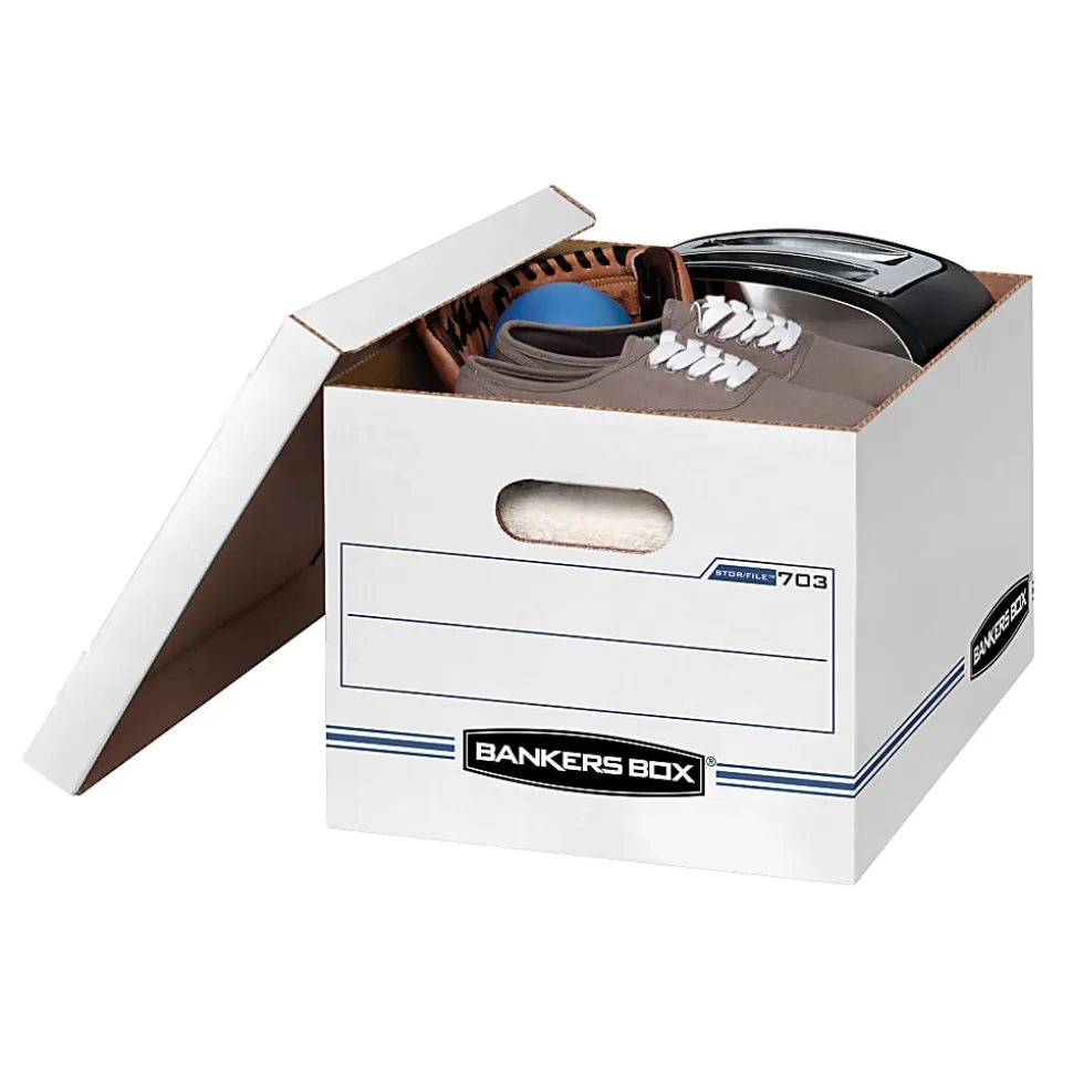 Bankers Box® Stor/File™ Standard-Duty Storage Box With Lift-Off Lids And Built-In Handles, Letter/Legal Size, 15"x12"x10", 60% Recycled, White/Blue