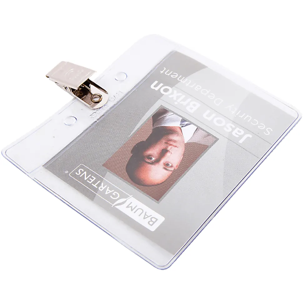 Baumgartens® Horizontal Badge Holder With Clip, 2 1/2" x 3 1/2", Clear, Pack Of 50