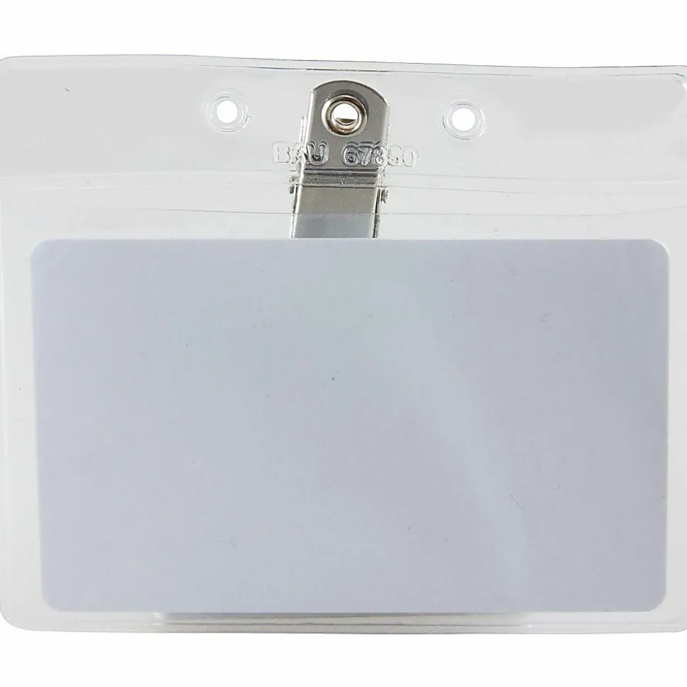 Baumgartens® Horizontal Badge Holder With Clip, 2 1/2" x 3 1/2", Clear, Pack Of 50