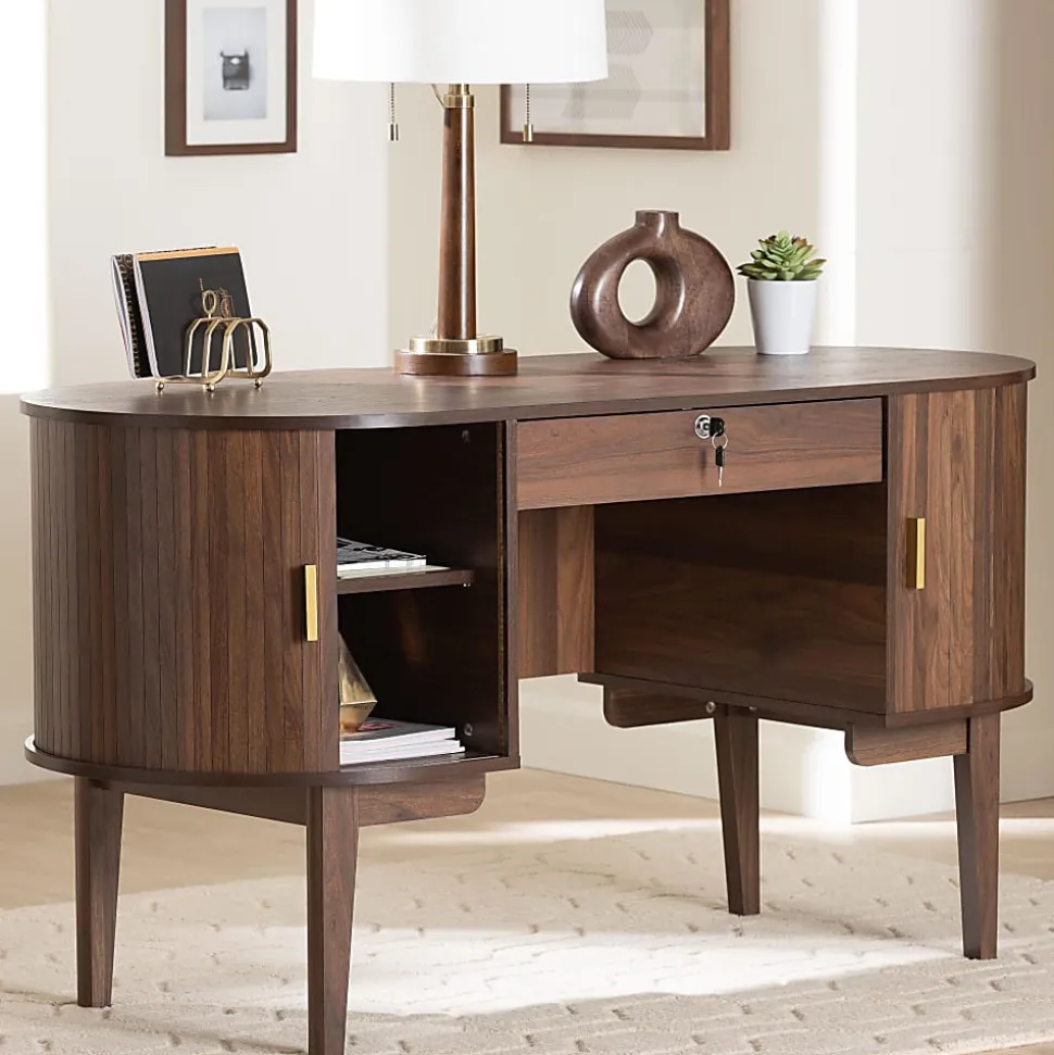 Baxton Studio 56"W HaYes Mid-Century Modern Oval Wood Writing Desk, Brown, Total Qty 1