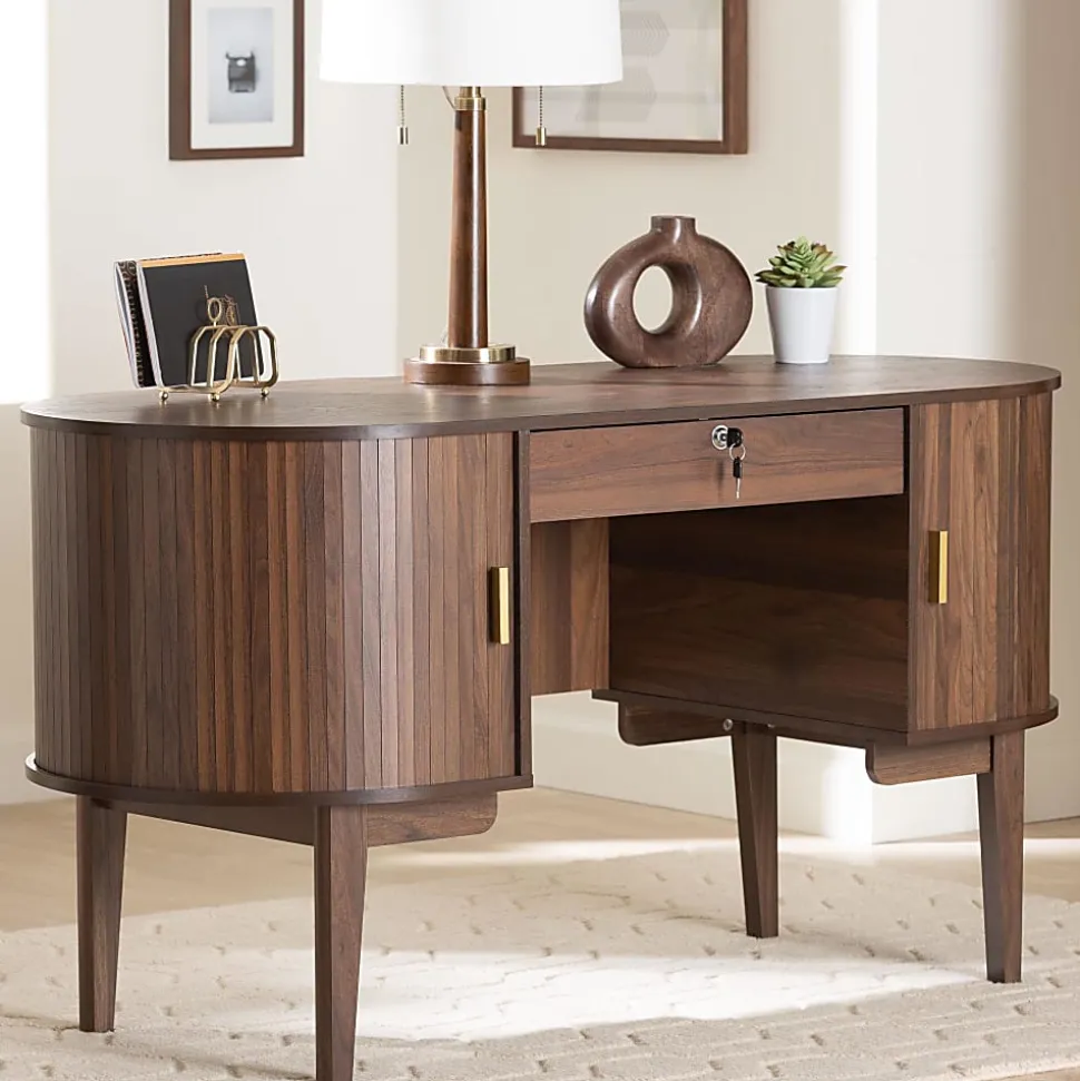 Baxton Studio 56"W HaYes Mid-Century Modern Oval Wood Writing Desk, Brown, Total Qty 1