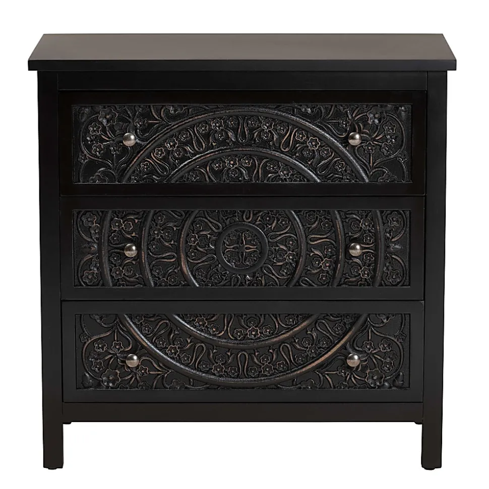 Baxton Studio Yelena 32"W Classic And Traditional Finished Wood 3-Drawer Storage Cabinet, Black/Chrome