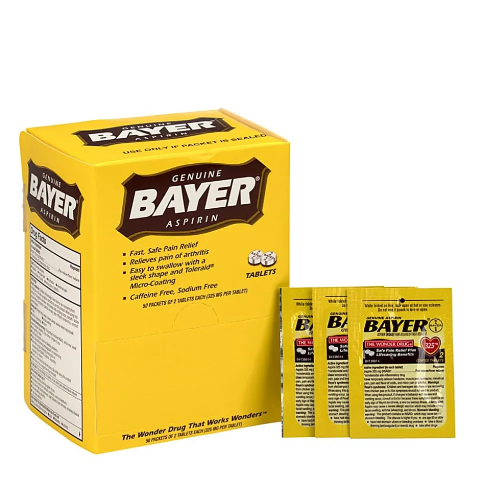Bayer® Aspirin, 2 Tablets Per Packet, Box Of 50 Packets