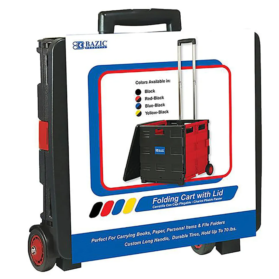 BAZIC Products Folding Cart On Wheels With Lid Cover, 18"H x 15"W x 16"D, Black/Red