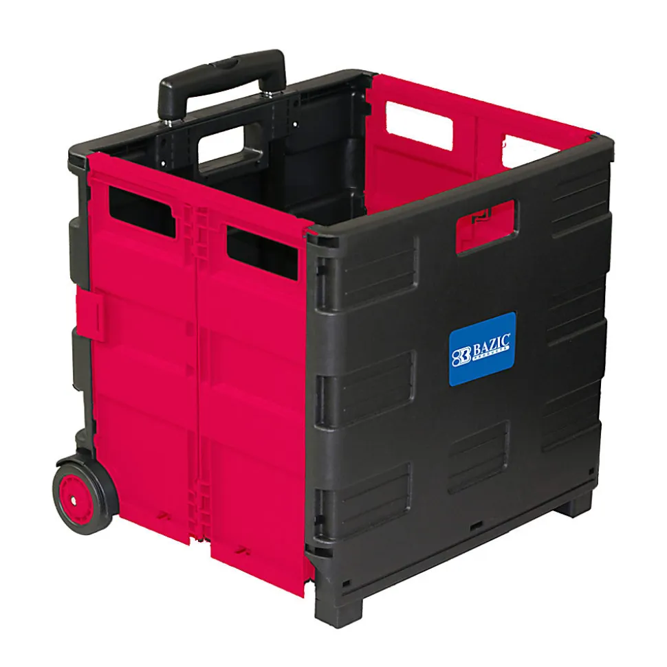 BAZIC Products Folding Cart On Wheels With Lid Cover, 18"H x 15"W x 16"D, Black/Red
