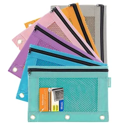BAZIC Products 3-Ring Pencil Pouches with Mesh Windows, 9-13/16” x 7”, Retro Pastel, Pack Of 12 Pouches