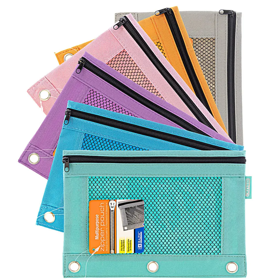 BAZIC Products 3-Ring Pencil Pouches with Mesh Windows, 9-13/16” x 7”, Retro Pastel, Pack Of 12 Pouches