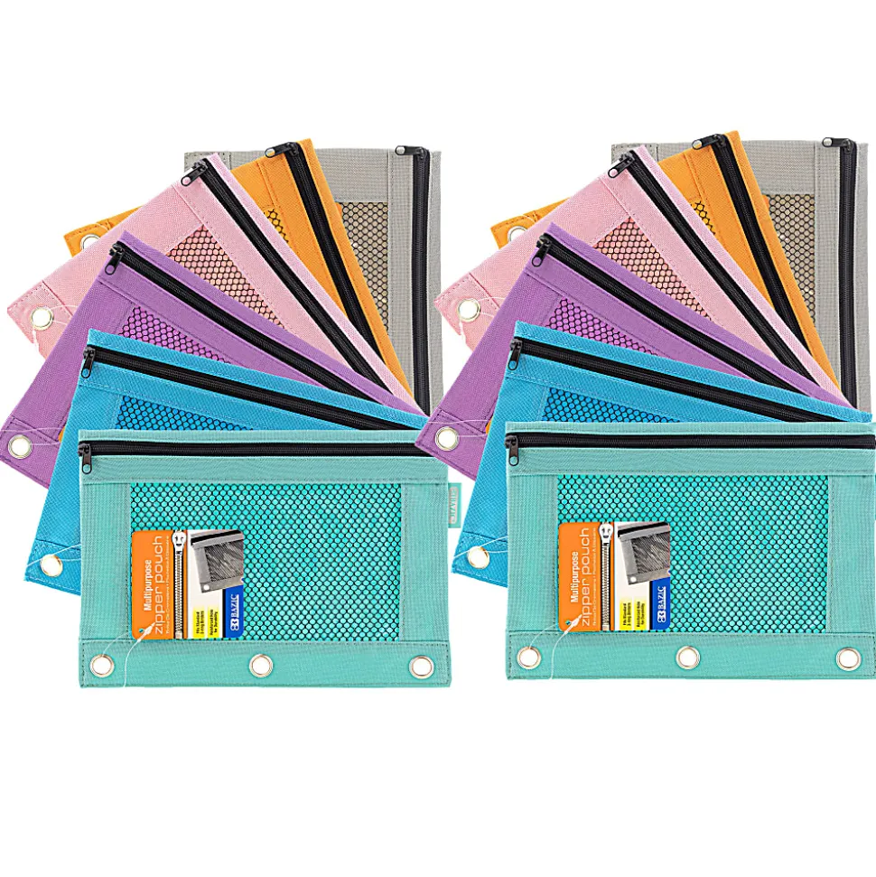 BAZIC Products 3-Ring Pencil Pouches with Mesh Windows, 9-13/16” x 7”, Retro Pastel, Pack Of 12 Pouches