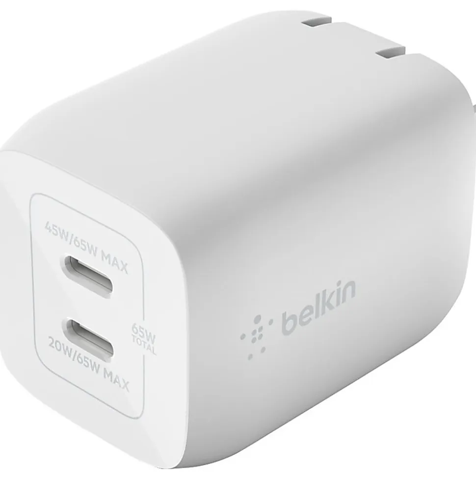 Belkin BoostCharge Pro Dual USB-C GaN Wall Charger with PPS 65W Laptop Chromebook Charging, Power Adapter, WCH013DQWH