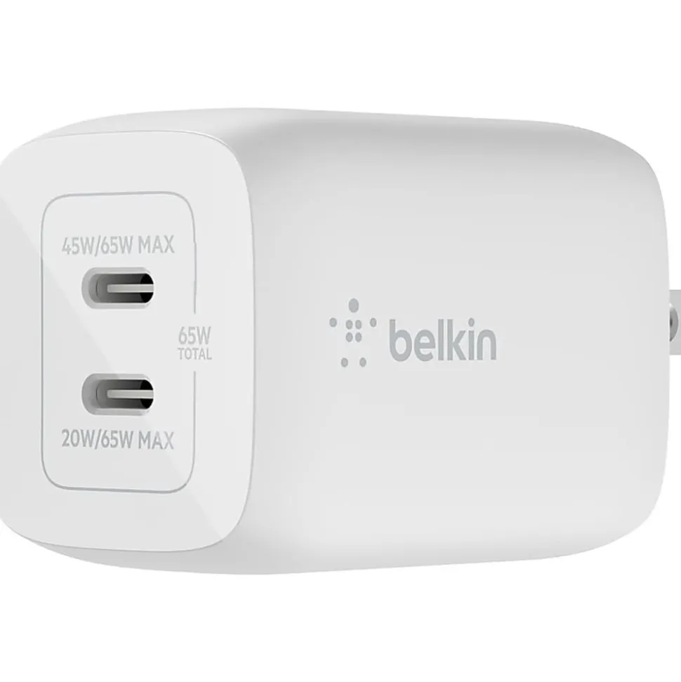Belkin BoostCharge Pro Dual USB-C GaN Wall Charger with PPS 65W Laptop Chromebook Charging, Power Adapter, WCH013DQWH